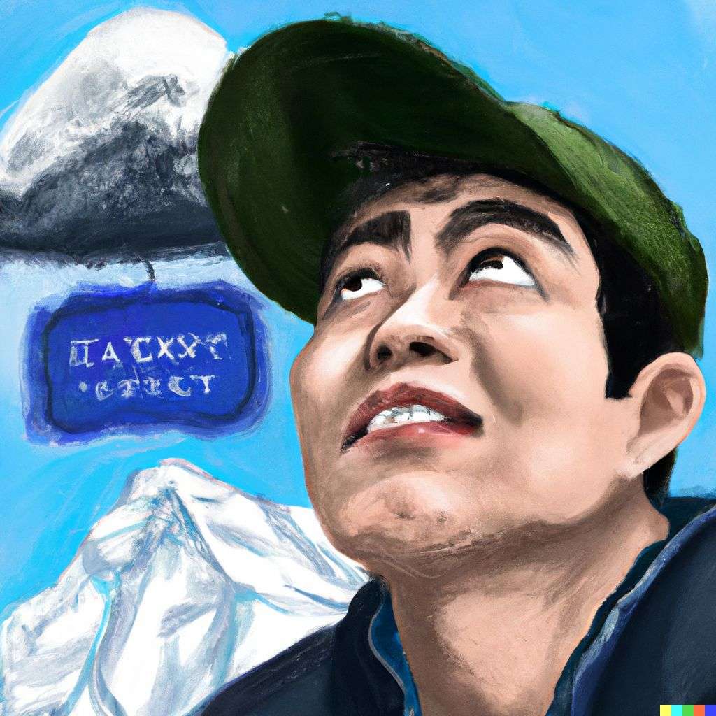 someone gazing at Mount Everest, digital art, caricature
